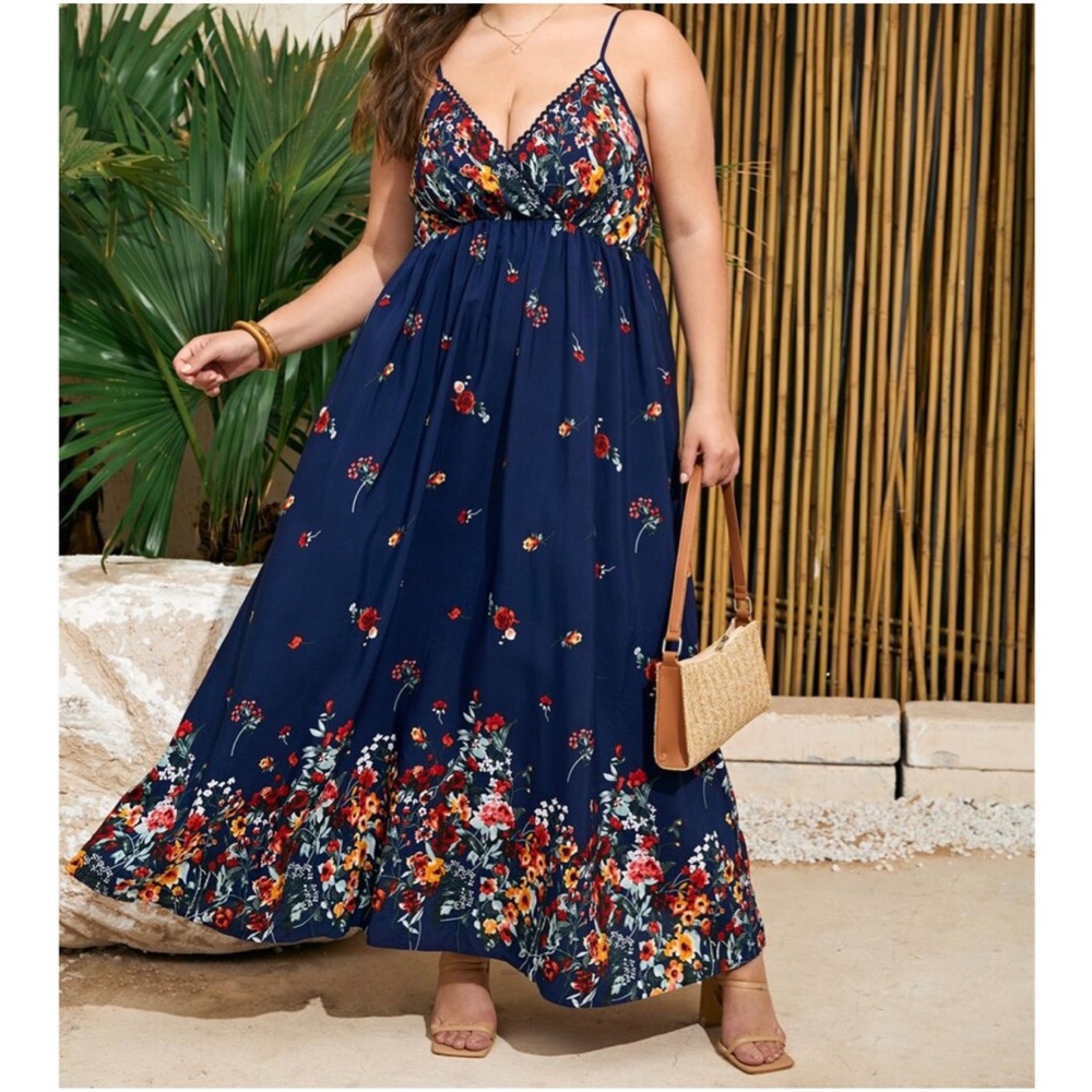 Boho Plus Navy Blue Floral Print Cami Maxi Dress - Picture 1 of 8